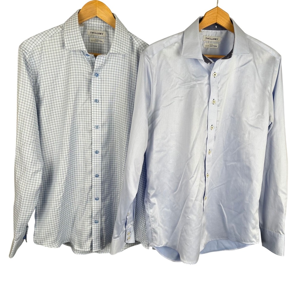 Twillory Mens Safe Cotton Non-Iron Dress Shirt Bundle Blue & Micro Check 2pk